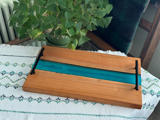 Cherry Hardwood with Teal Accent Serving Tray