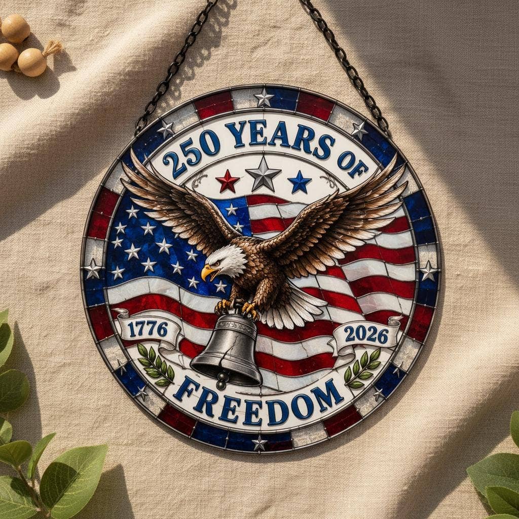 Patriotic Stained Glass Eagle Suncatcher, American Flag