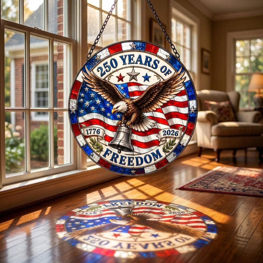 Patriotic Stained Glass Eagle Suncatcher, American Flag