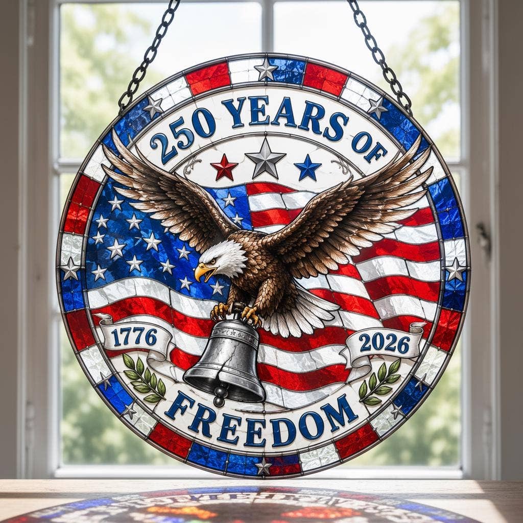Patriotic Stained Glass Eagle Suncatcher, American Flag