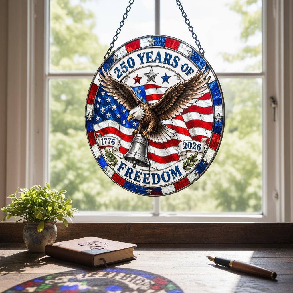 Patriotic Stained Glass Eagle Suncatcher, American Flag