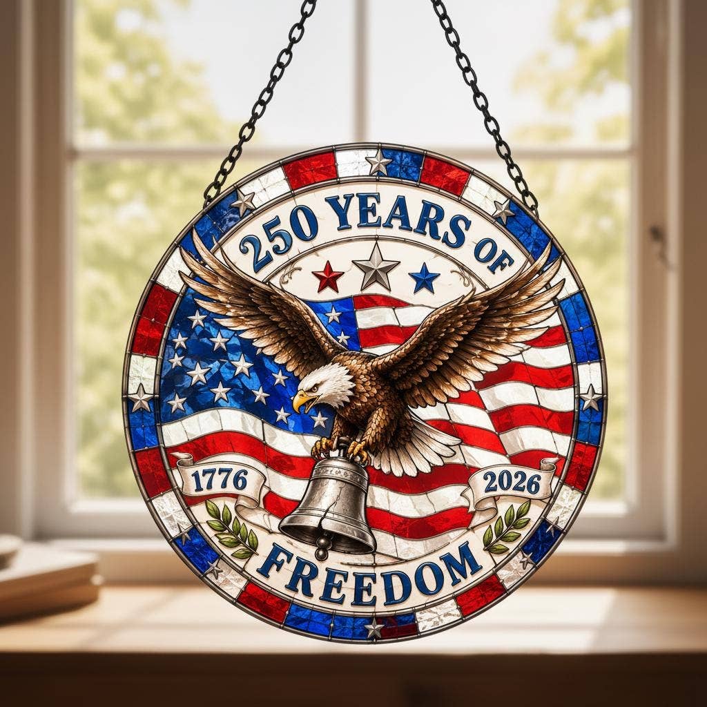 Patriotic Stained Glass Eagle Suncatcher, American Flag