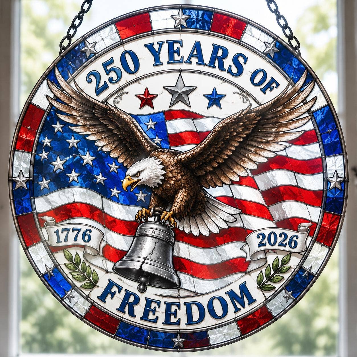 Patriotic Stained Glass Eagle Suncatcher, American Flag